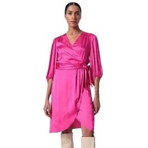 NWT Soaked Studio Bright Pink Satin Eline Wrap Dress Size XS